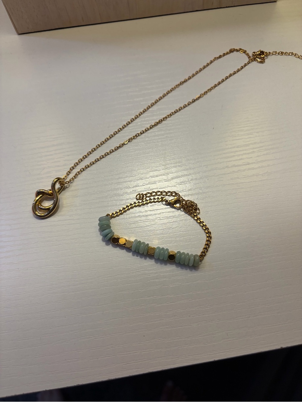 Gold Chain Necklace and Mint Bead Bracelet Set